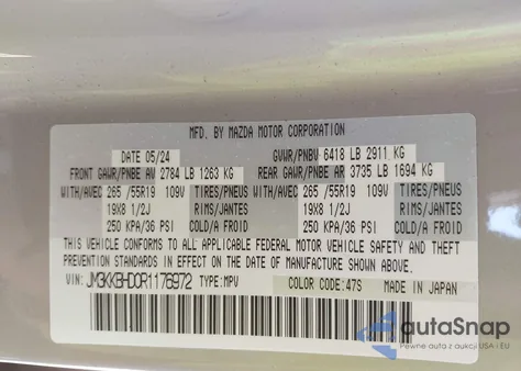 2024 Mazda Cx-90 3.3 Turbo Preferred from USA, damaged, VIN JM3KKBHD0R1176972